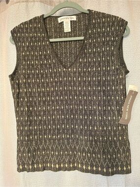 Jones New York Charcoal and Cream Textured Knit Sleeveless Top Medium